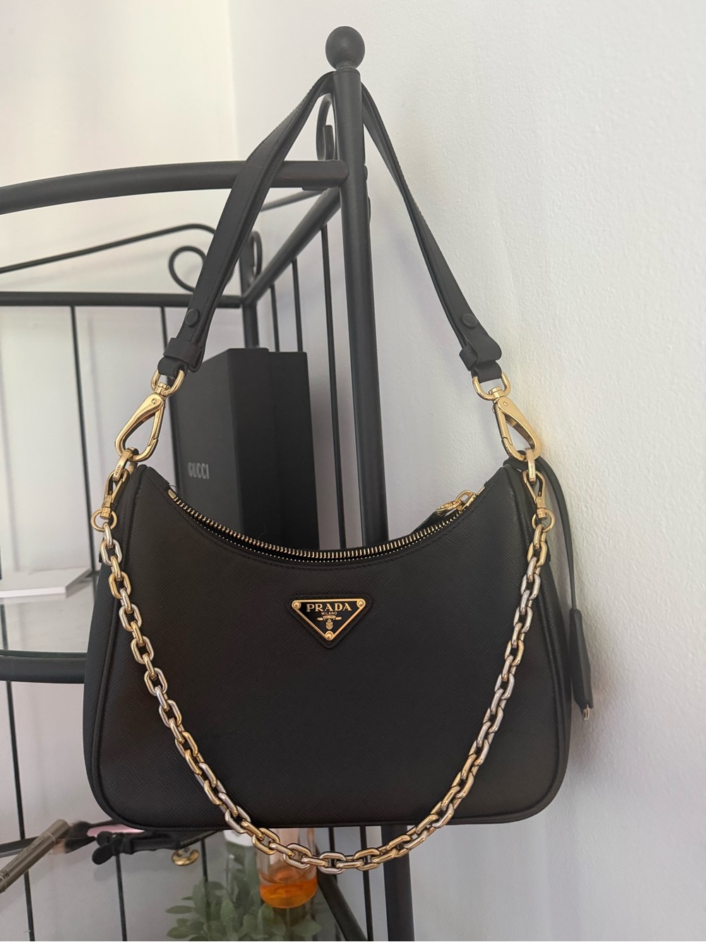 Authentic Prada Black Saffiano Leather Shoulder Bag with Gold Chain